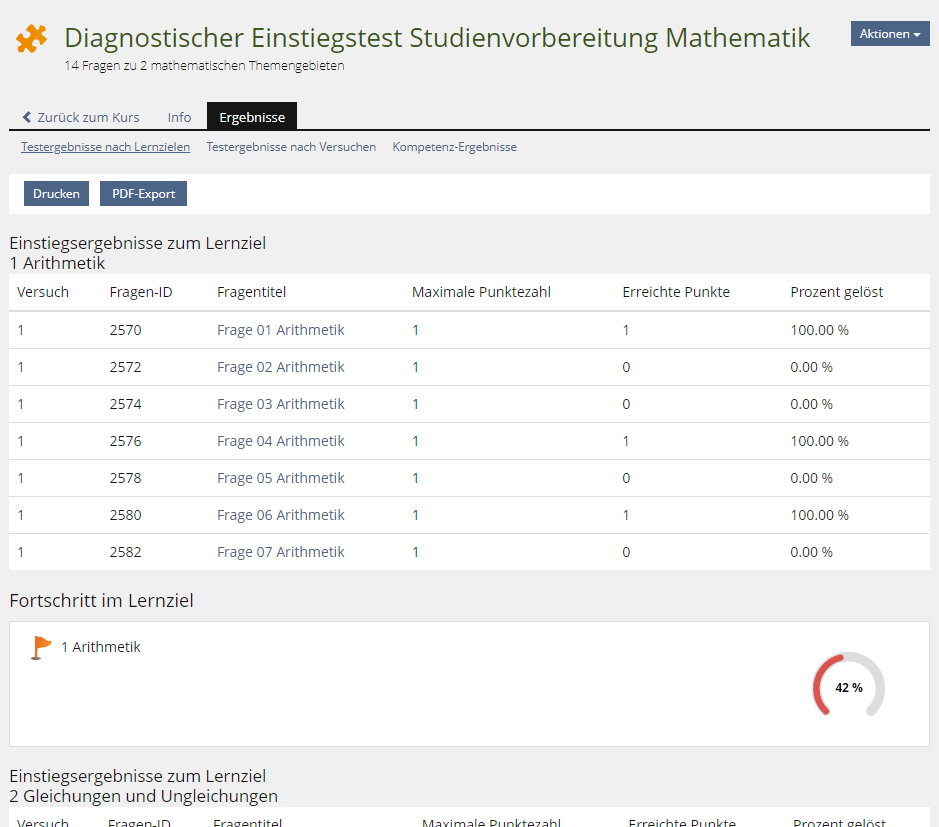 Screenshot diagnostischer Einstiegstest