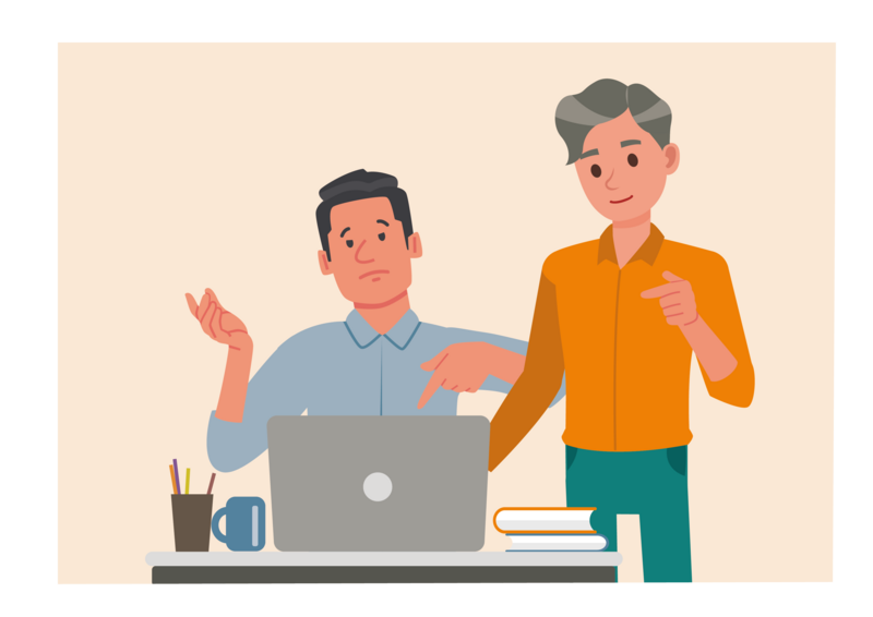 Grafik von einem Studierenden, Digital Learning Scout, der einen Lehrenden berät