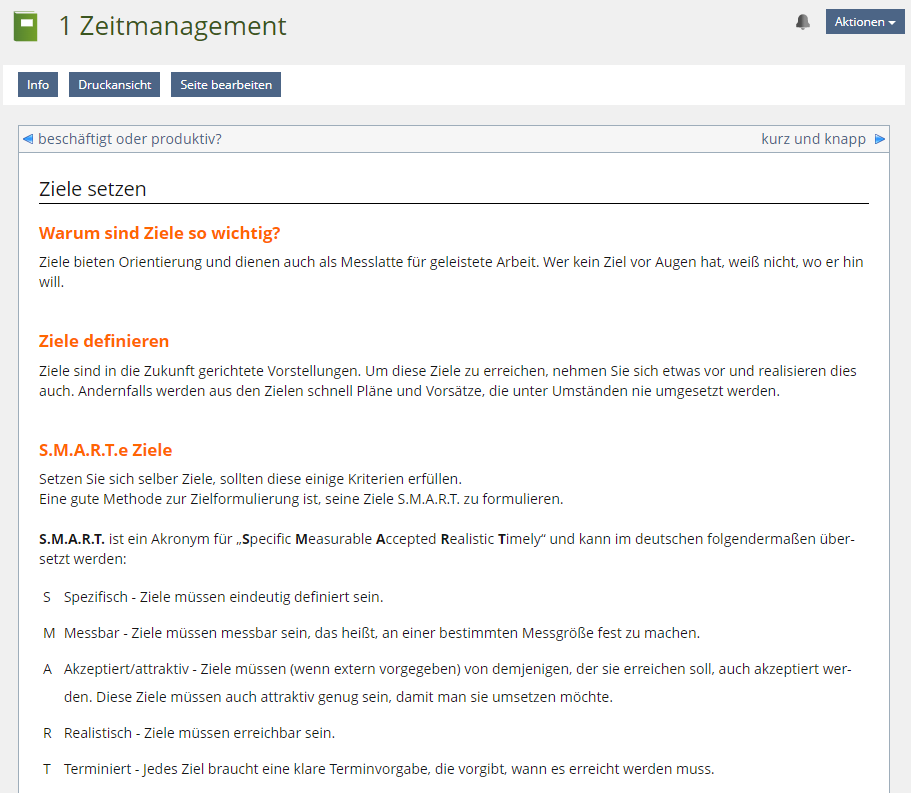 Screenshot Einblick in das Lernmodul Zeitmanagement